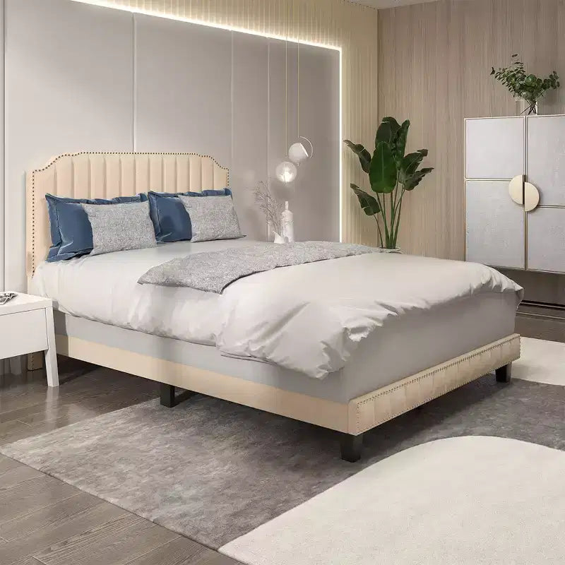 Struttura letto imbottita singola/matrimoniale/queen-size con testiera in tessuto di lino, linee verticali e rivetti