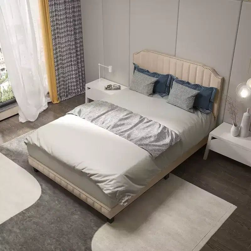 Struttura letto imbottita singola/matrimoniale/queen-size con testiera in tessuto di lino, linee verticali e rivetti