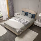 Struttura letto imbottita singola/matrimoniale/queen-size con testiera in tessuto di lino, linee verticali e rivetti