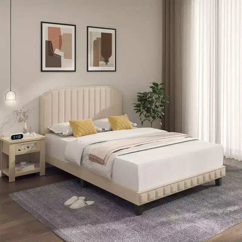 Struttura letto imbottita singola/matrimoniale/queen-size con testiera in tessuto di lino, linee verticali e rivetti