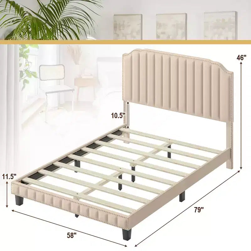 Struttura letto imbottita singola/matrimoniale/queen-size con testiera in tessuto di lino, linee verticali e rivetti