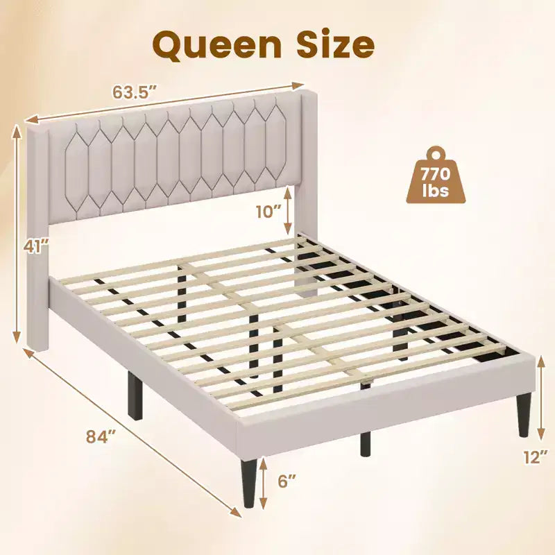 Struttura Letto Queen Size in Velluto Olandese / Lino Imbottita con Testiera ad Ali