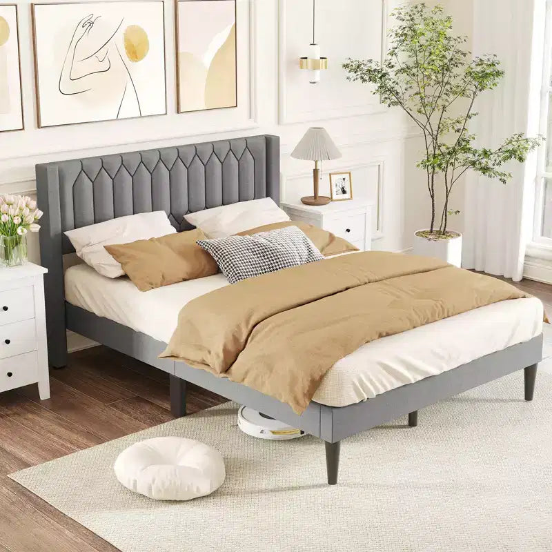 Struttura Letto Queen Size in Velluto Olandese / Lino Imbottita con Testiera ad Ali