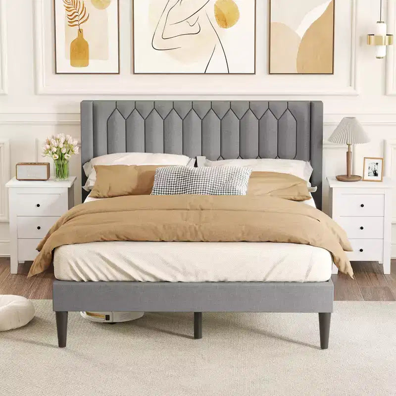Struttura Letto Queen Size in Velluto Olandese / Lino Imbottita con Testiera ad Ali