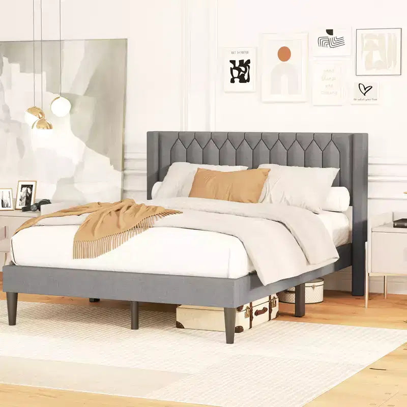 Struttura Letto Queen Size in Velluto Olandese / Lino Imbottita con Testiera ad Ali