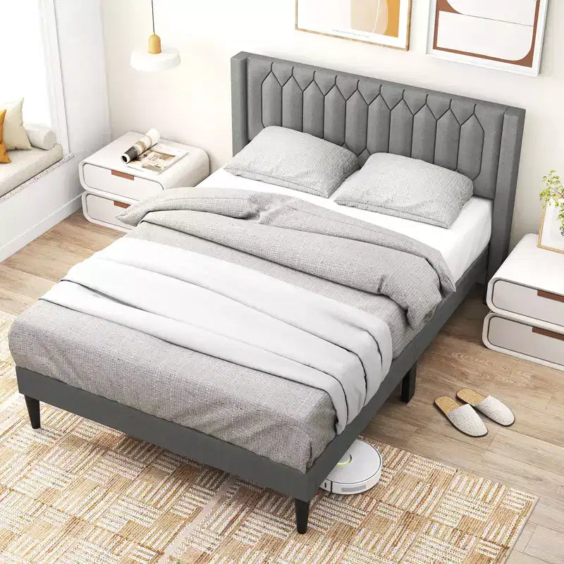 Struttura Letto Queen Size in Velluto Olandese / Lino Imbottita con Testiera ad Ali