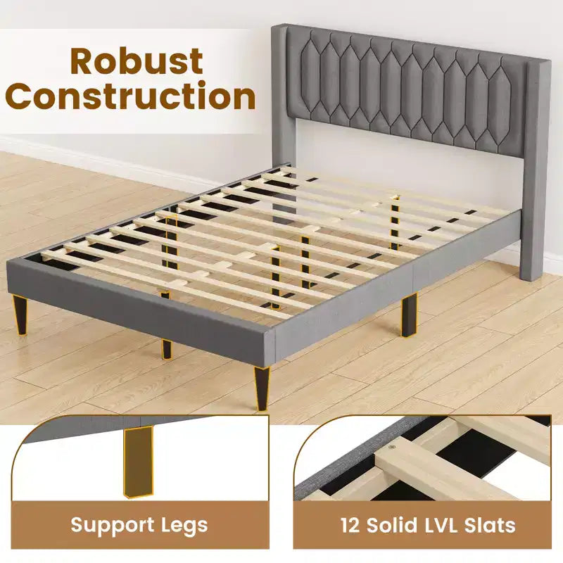 Struttura Letto Queen Size in Velluto Olandese / Lino Imbottita con Testiera ad Ali