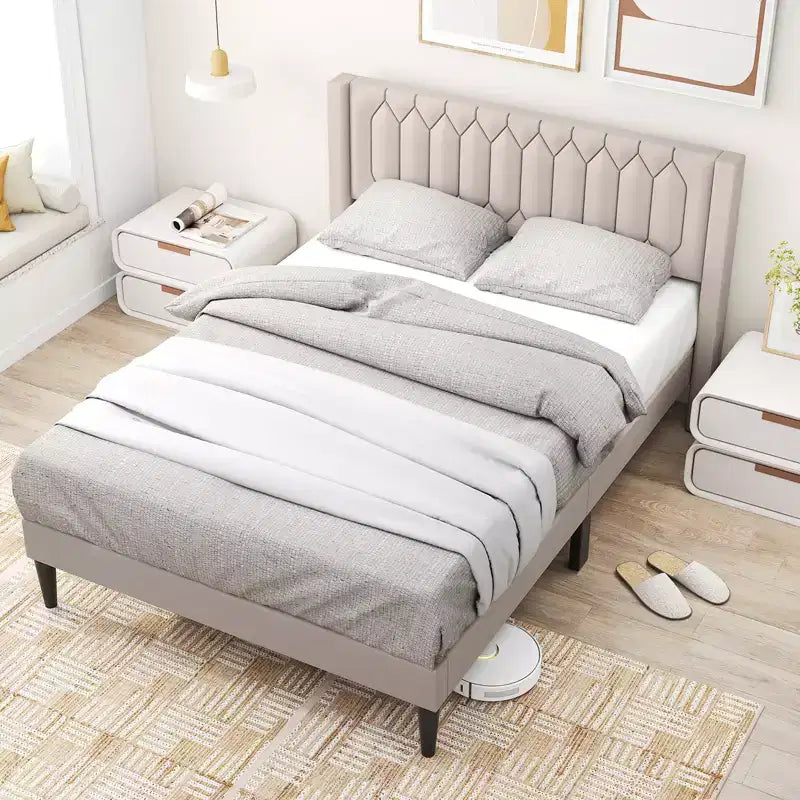 Struttura Letto Queen Size in Velluto Olandese / Lino Imbottita con Testiera ad Ali
