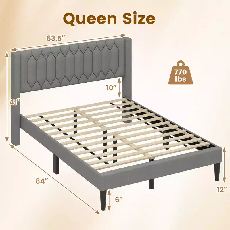 Struttura Letto Queen Size in Velluto Olandese / Lino Imbottita con Testiera ad Ali
