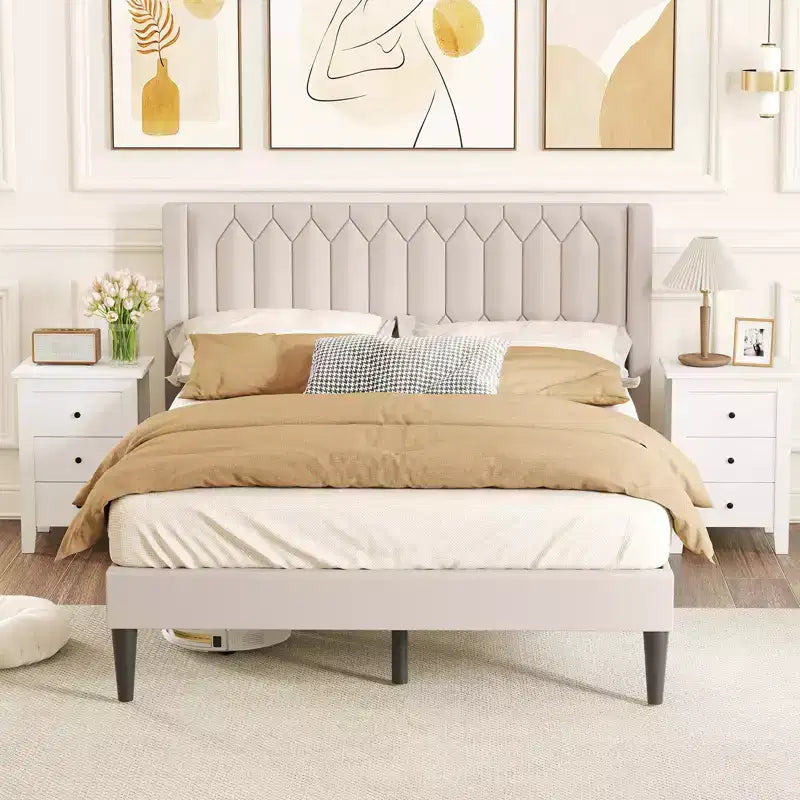 Struttura Letto Queen Size in Velluto Olandese / Lino Imbottita con Testiera ad Ali