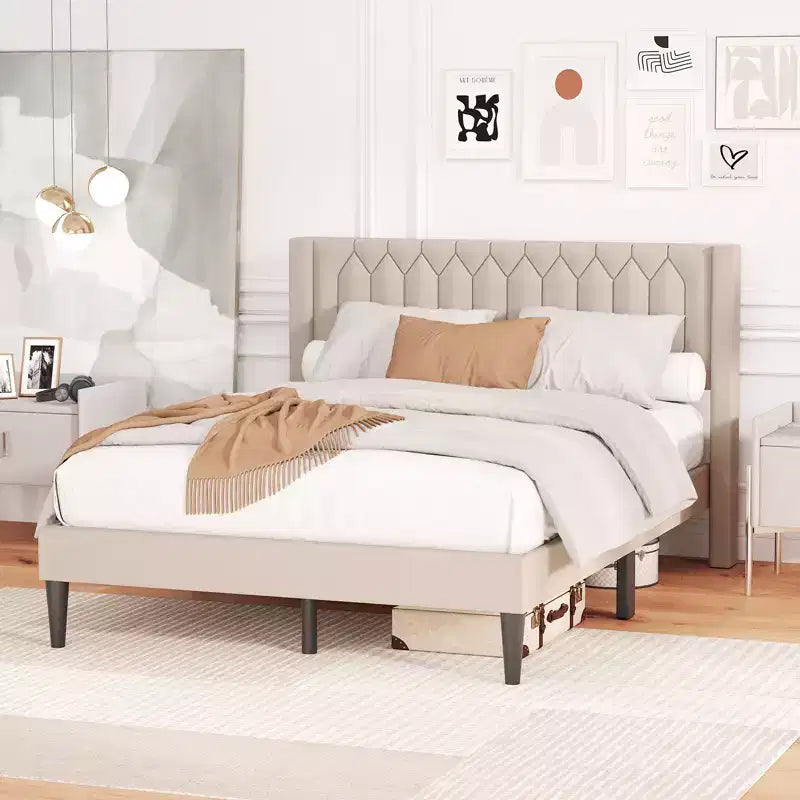 Struttura Letto Queen Size in Velluto Olandese / Lino Imbottita con Testiera ad Ali