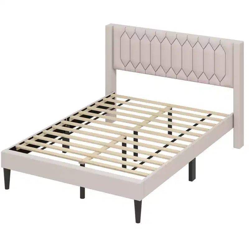 Costway Queen Size Bed Frame Dutch Velvet / Linen Fabric Upholstered Platform Bed w/Wingback Headboard