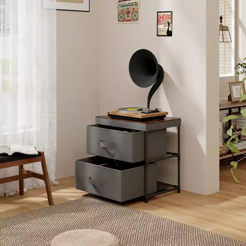 Cassettiera a 2 cassetti Organizzatore portaoggetti in tessuto Comodino Tavolino Divano Grigio e Marrone Rustico