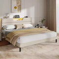 Modern King Beige Upholstered Bed Frame with Storage Headboard 2-Tier Shelf LED Lights Charging Station USB Wood Slats No Box Spring Needed Platform