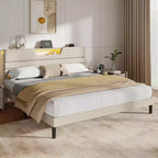 Modern King Beige Upholstered Bed Frame with Storage Headboard 2-Tier Shelf LED Lights Charging Station USB Wood Slats No Box Spring Needed Platform