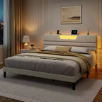 Modern King Beige Letto imbottito con testiera contenitore, mensola a 2 ripiani, luci LED, stazione di ricarica USB, doghe in legno, nessun bisogno di rete a molle, piattaforma
