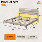 Modern King Beige Letto imbottito con testiera contenitore, mensola a 2 ripiani, luci LED, stazione di ricarica USB, doghe in legno, nessun bisogno di rete a molle, piattaforma