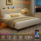 Modern King Beige Letto imbottito con testiera contenitore, mensola a 2 ripiani, luci LED, stazione di ricarica USB, doghe in legno, nessun bisogno di rete a molle, piattaforma