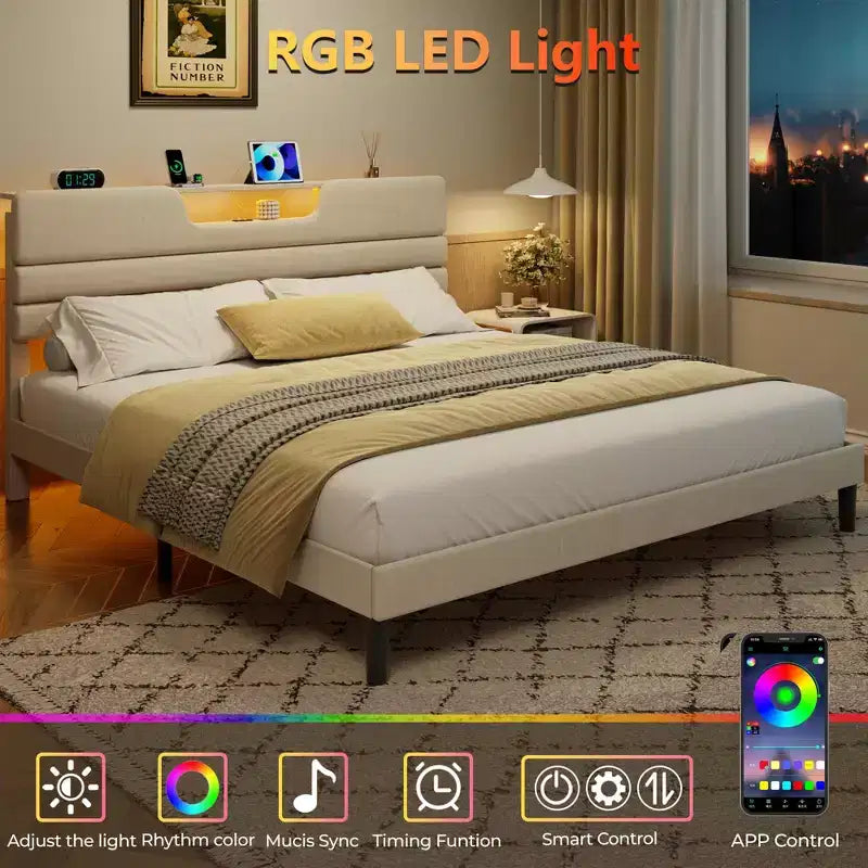 Modern King Beige Letto imbottito con testiera contenitore, mensola a 2 ripiani, luci LED, stazione di ricarica USB, doghe in legno, nessun bisogno di rete a molle, piattaforma