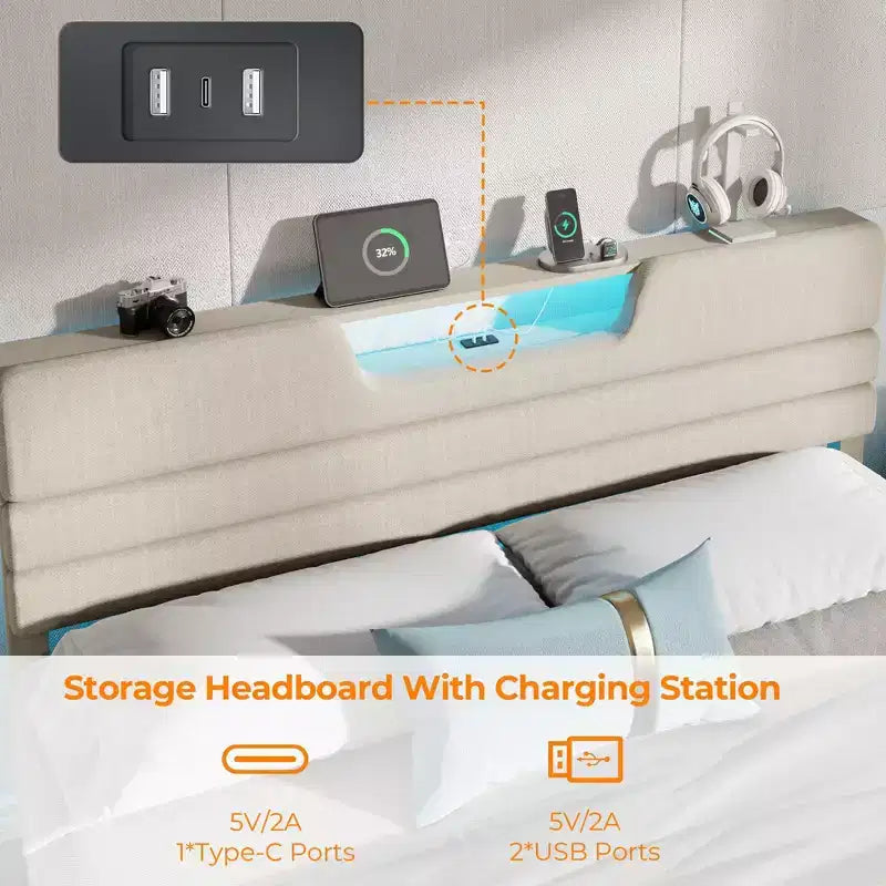 Modern King Beige Letto imbottito con testiera contenitore, mensola a 2 ripiani, luci LED, stazione di ricarica USB, doghe in legno, nessun bisogno di rete a molle, piattaforma