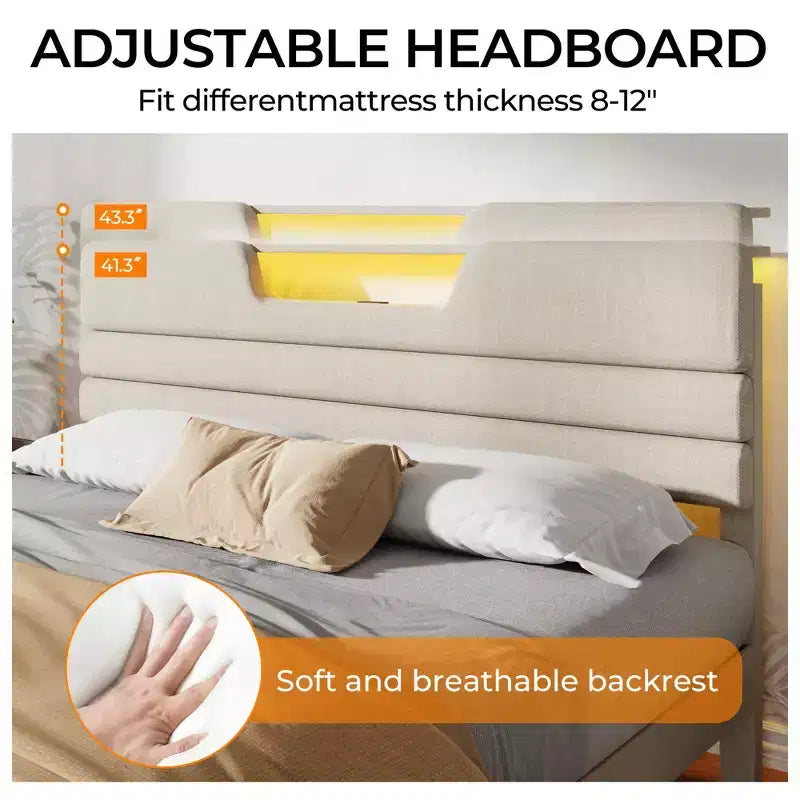 Modern King Beige Letto imbottito con testiera contenitore, mensola a 2 ripiani, luci LED, stazione di ricarica USB, doghe in legno, nessun bisogno di rete a molle, piattaforma