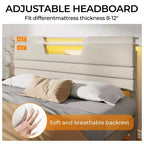 Modern King Beige Letto imbottito con testiera contenitore, mensola a 2 ripiani, luci LED, stazione di ricarica USB, doghe in legno, nessun bisogno di rete a molle, piattaforma