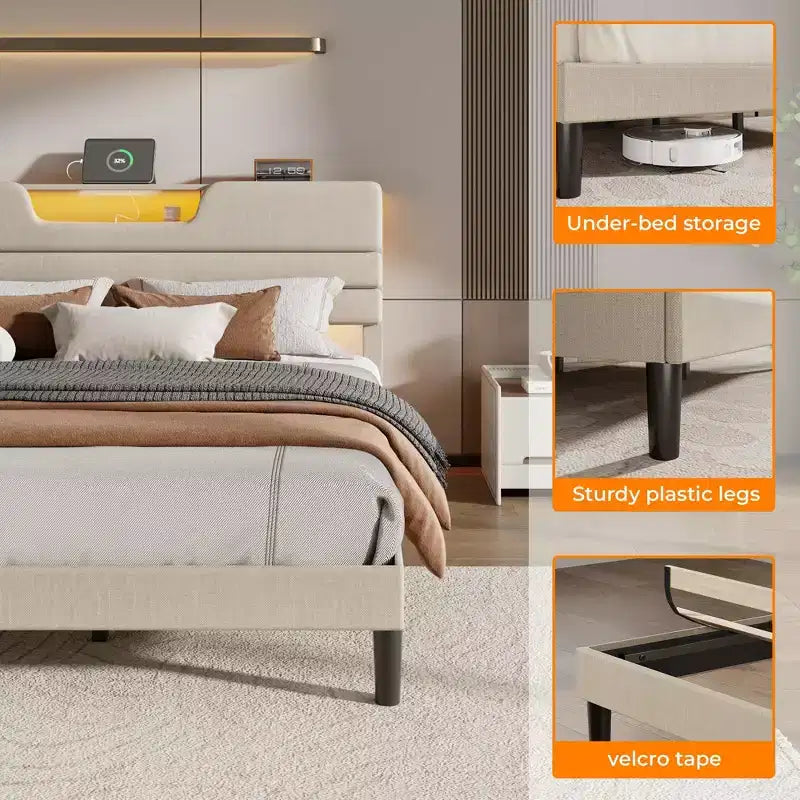 Modern King Beige Letto imbottito con testiera contenitore, mensola a 2 ripiani, luci LED, stazione di ricarica USB, doghe in legno, nessun bisogno di rete a molle, piattaforma