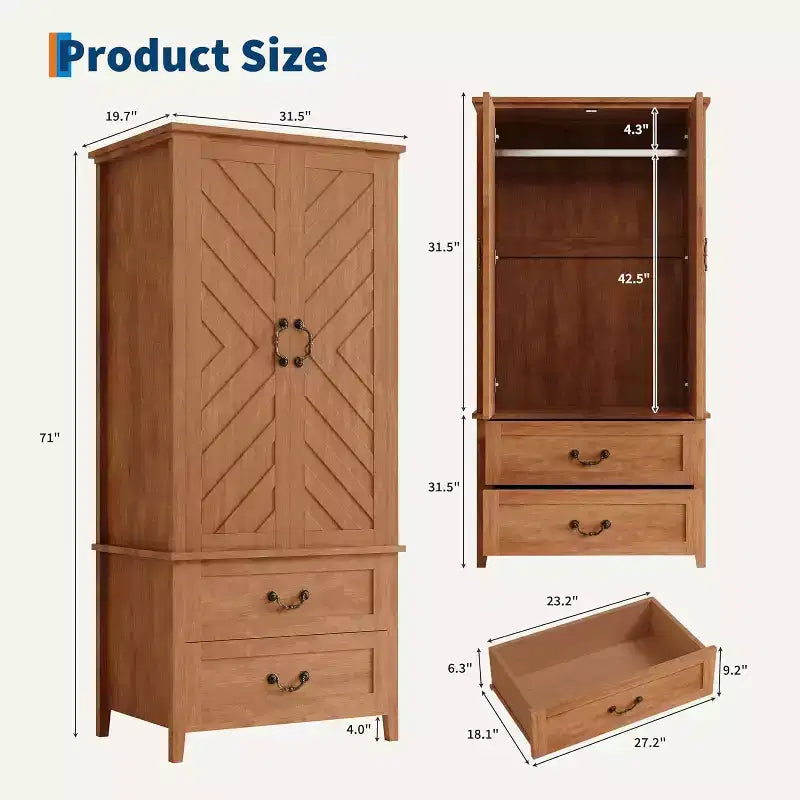 Mobile contenitore alto a V da 71 pollici con 2 ante e cassetti, armadio rustico in legno grande stile farmhouse, marrone rustico