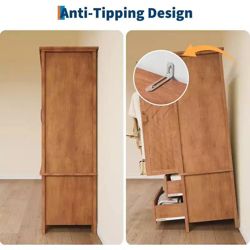 Mobile contenitore alto a V da 71 pollici con 2 ante e cassetti, armadio rustico in legno grande stile farmhouse, marrone rustico