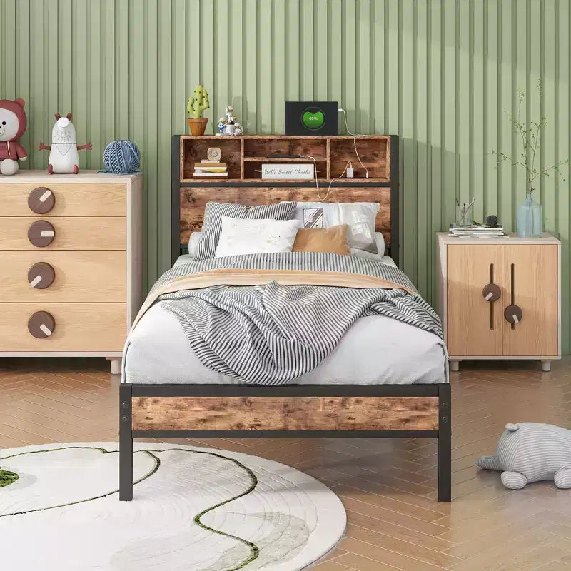 GDFStudio Yannis Modern Metal and Wooden Platform Bed Frame with Storage Headboard and Charging Station