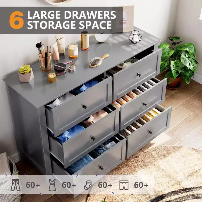 Comò a 6 cassetti per camera da letto, Comò grande con cassetti profondi e maniglie in metallo, Cassettiera moderna in legno per ingresso, corridoio