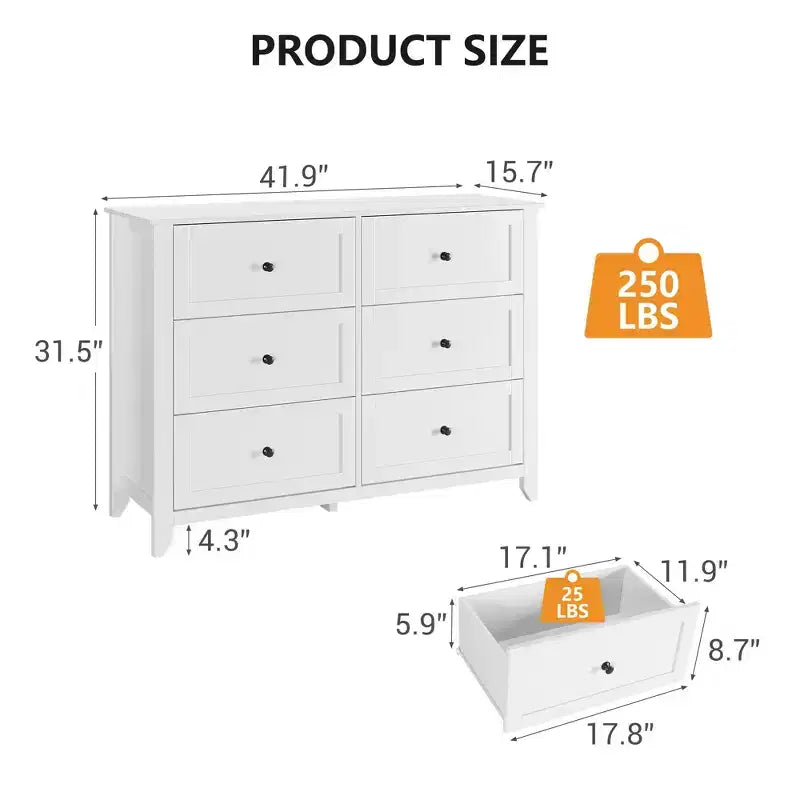 Comò a 6 cassetti per camera da letto, Comò grande con cassetti profondi e maniglie in metallo, Cassettiera moderna in legno per ingresso, corridoio