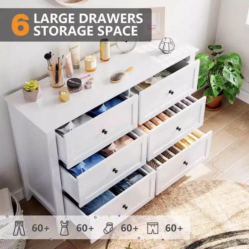 Comò a 6 cassetti per camera da letto, Comò grande con cassetti profondi e maniglie in metallo, Cassettiera moderna in legno per ingresso, corridoio