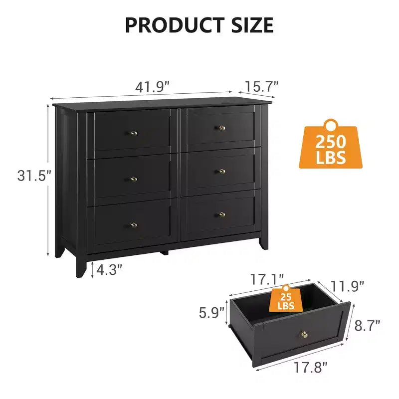 Comò a 6 cassetti per camera da letto, Comò grande con cassetti profondi e maniglie in metallo, Cassettiera moderna in legno per ingresso, corridoio