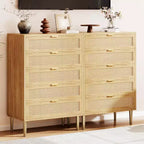 Cassettiera a 5 cassetti in rattan, comò alto 111 cm stile rustico con gambe in metallo per camera da letto e soggiorno