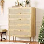 Cassettiera a 5 cassetti in rattan, comò alto 111 cm stile rustico con gambe in metallo per camera da letto e soggiorno