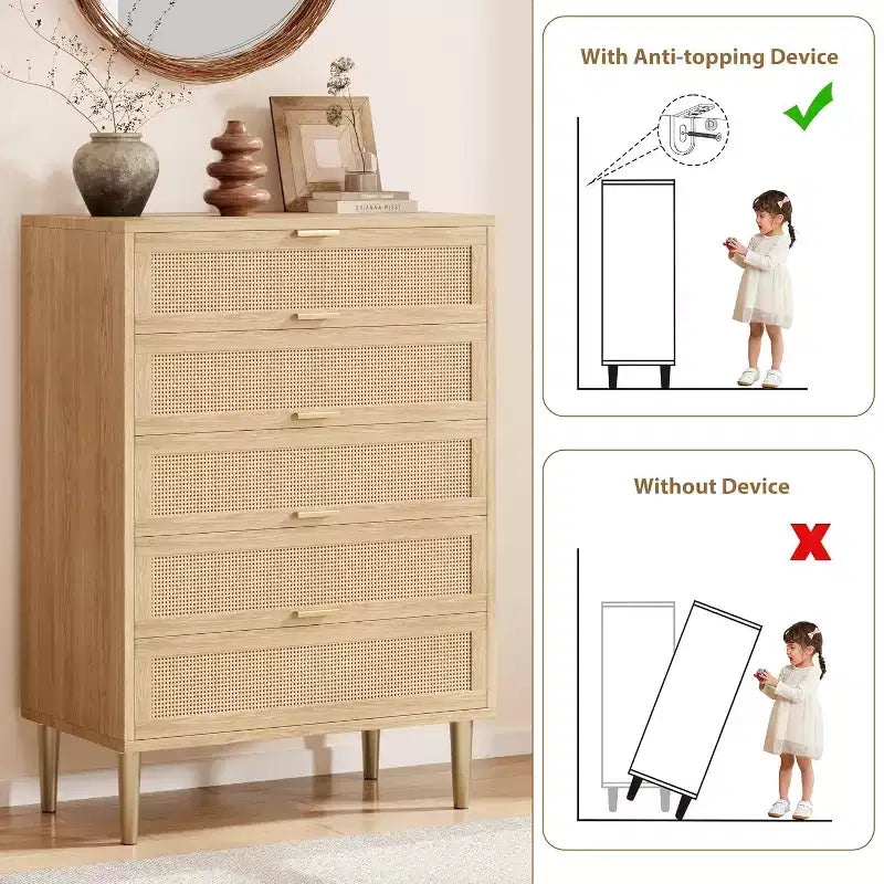Cassettiera a 5 cassetti in rattan, comò alto 111 cm stile rustico con gambe in metallo per camera da letto e soggiorno