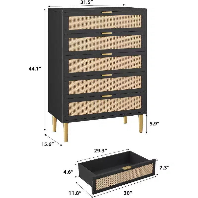 Cassettiera a 5 cassetti in rattan, comò alto 111 cm stile rustico con gambe in metallo per camera da letto e soggiorno