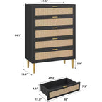Cassettiera a 5 cassetti in rattan, comò alto 111 cm stile rustico con gambe in metallo per camera da letto e soggiorno