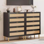 Cassettiera a 5 cassetti in rattan, comò alto 111 cm stile rustico con gambe in metallo per camera da letto e soggiorno