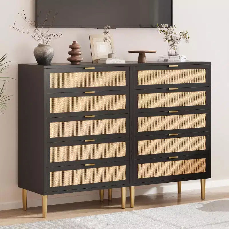 Cassettiera a 5 cassetti in rattan, comò alto 111 cm stile rustico con gambe in metallo per camera da letto e soggiorno