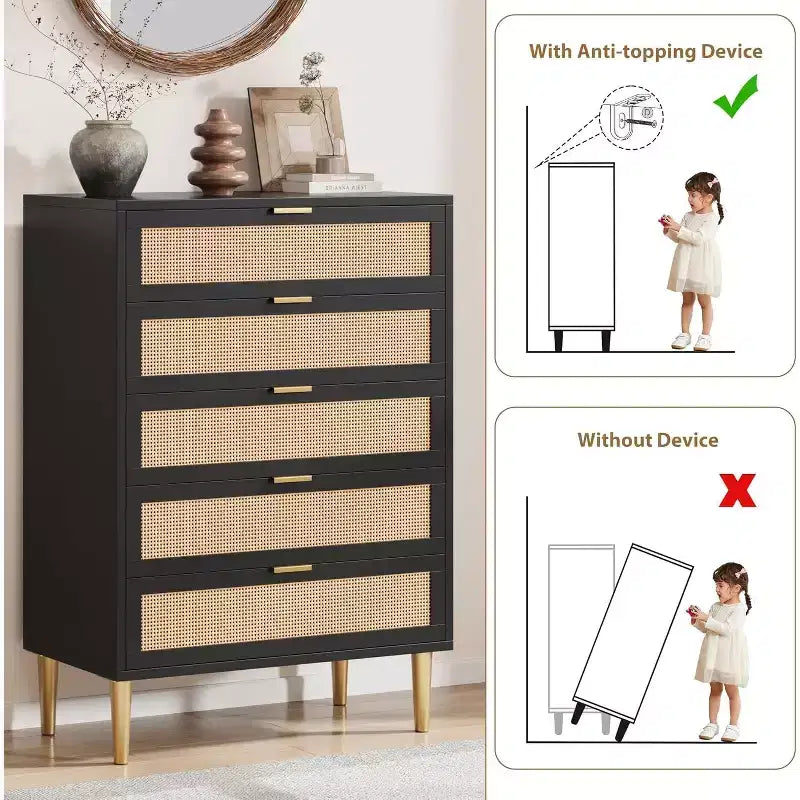 Cassettiera a 5 cassetti in rattan, comò alto 111 cm stile rustico con gambe in metallo per camera da letto e soggiorno