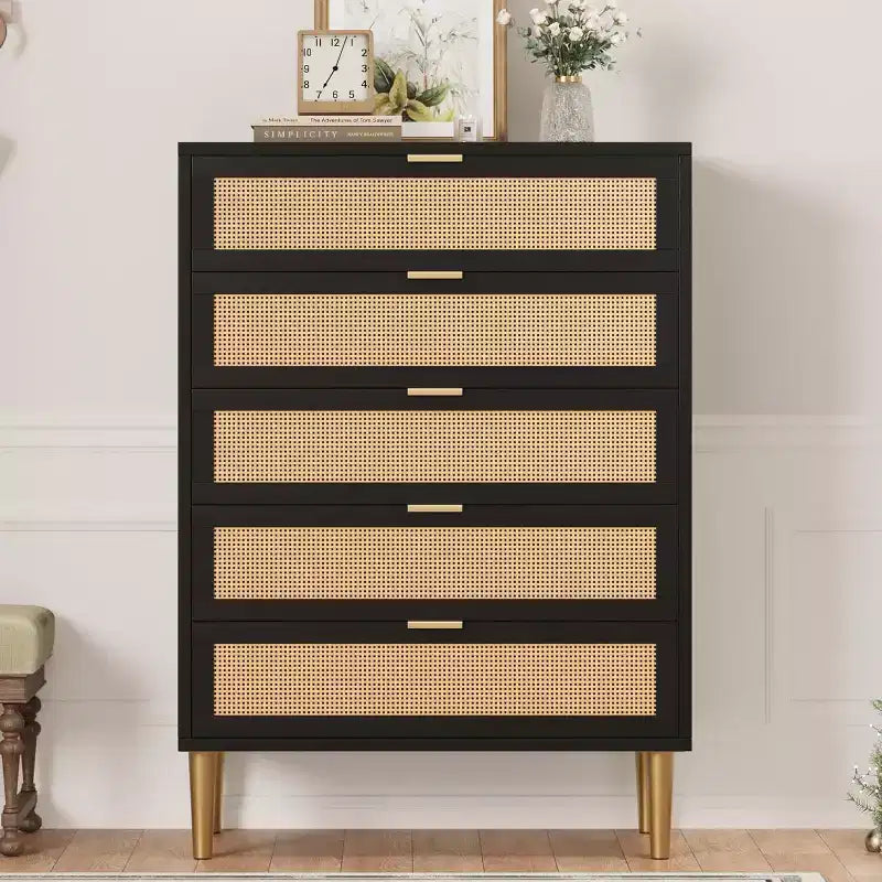 Cassettiera a 5 cassetti in rattan, comò alto 111 cm stile rustico con gambe in metallo per camera da letto e soggiorno