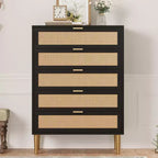 Cassettiera a 5 cassetti in rattan, comò alto 111 cm stile rustico con gambe in metallo per camera da letto e soggiorno