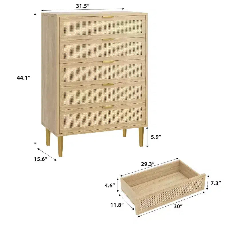 Cassettiera a 5 cassetti in rattan, comò alto 111 cm stile rustico con gambe in metallo per camera da letto e soggiorno