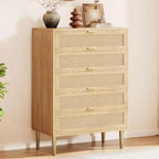 Cassettiera a 5 cassetti in rattan, comò alto 111 cm stile rustico con gambe in metallo per camera da letto e soggiorno