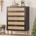 Acekool Rattan 5 Drawer Dresser, 44 Tall Farmhouse Chest with Metal Legs for Bedroom Living Room