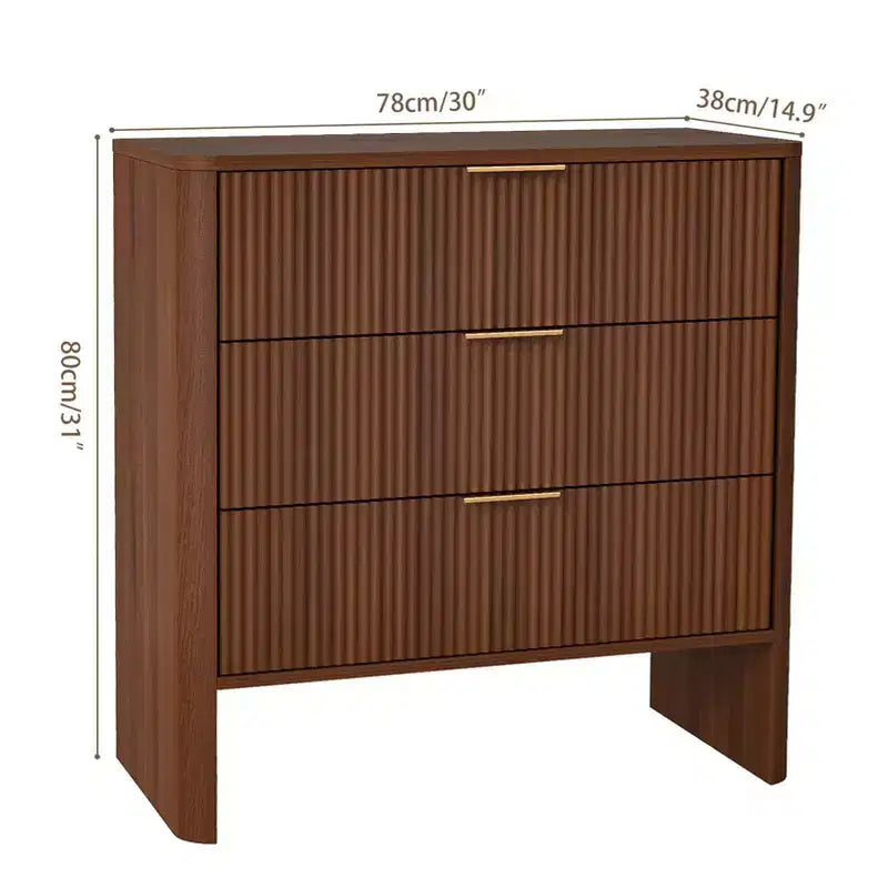 Mobiletto in Legno con 3 Cassetti a Onda, Comodino Moderno, Tavolino da Toletta per Camera da Letto, Lunghezza 78 cm, Colore Noce