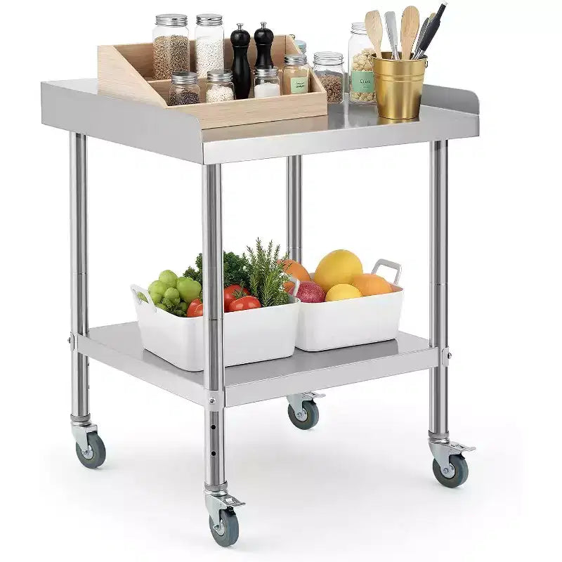 Commercial Steel Work & Prep Table, 3-Sided Backsplash Heavy Duty Prep Worktable, Casters Heavy Duty Food Prep Worktable for Hotel, Home, Restaurant