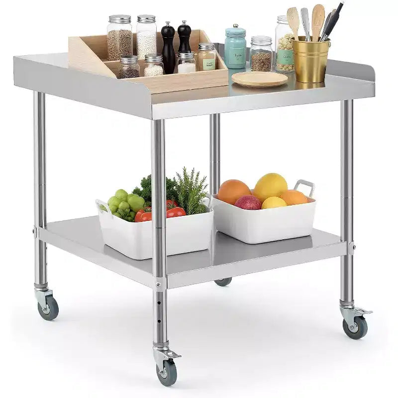 Tavolo da Lavoro e Preparazione in Acciaio Commerciale, Paraspruzzi a 3 Lati per Lavori Pesanti, Rotelle Tavolo da Lavoro per Preparazione Cibi Pesanti per Hotel, Casa, Ristoranti